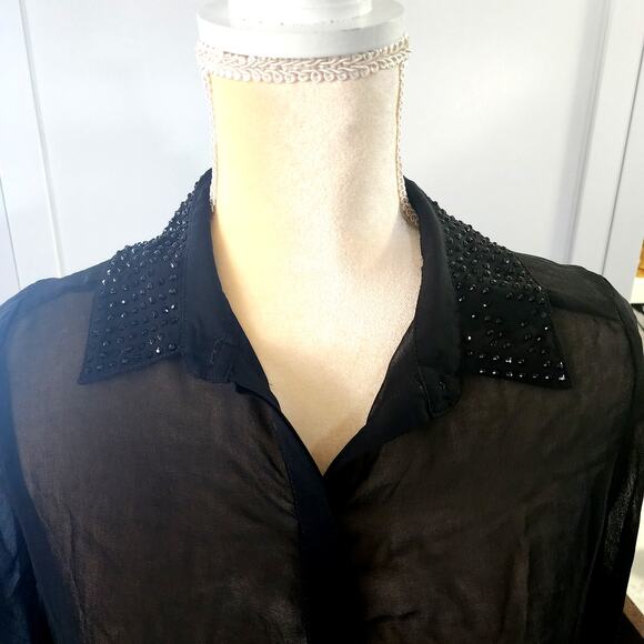 In Style Collection Women's Sheer Rhinestone Black Button Down Shirt Large - Picture 2 of 5